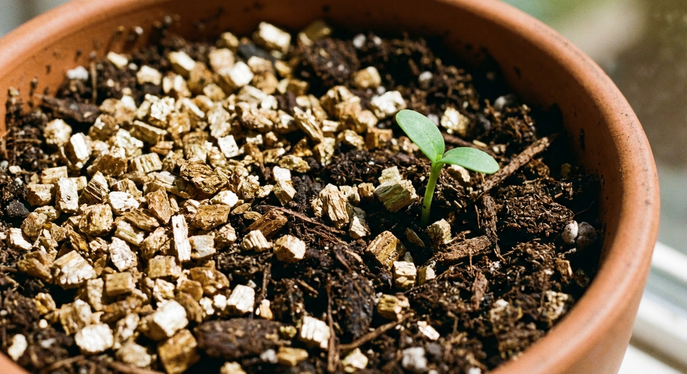 What is Vermiculite - Close up showing vermiculite mineral in soil with seedling