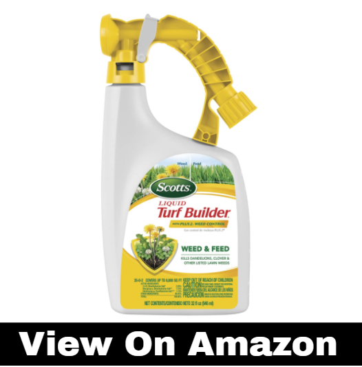 Scotts Liquid Turf Builder with Plus 2 Weed Control Fertilizer, 32 fl. oz. - Weed and Feed - Kills Dandelions, Clover and Other Listed Lawn Weeds - Covers up to 6,000 sq. ft.